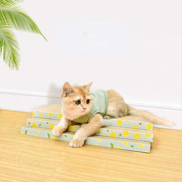 Kratzpappe für Katzen, Wellenförmige Kratzfläche für glückliche Katzen, Set mit 3 Stück, aus Wellpappe mit Zitronen-Muster – Bild 3