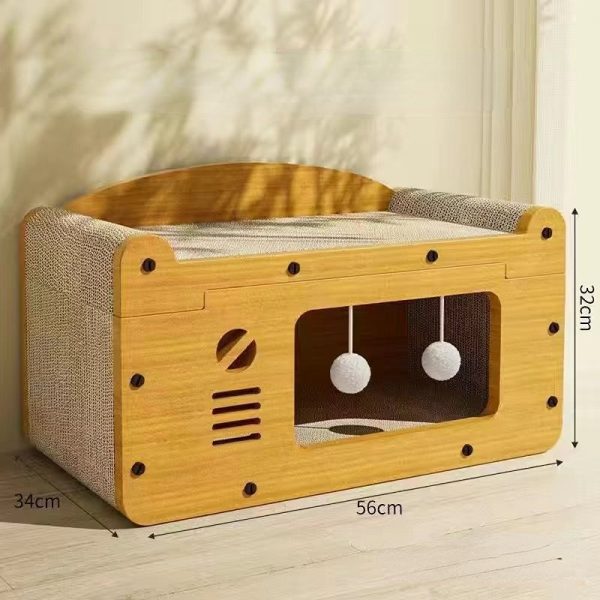 Kratzpappe für Katzen, Praktische Katzen-Spielstation mit Aktivitätsraum, Holz Katzenhaus und Spielball, Katzen bis 15kg – Bild 5