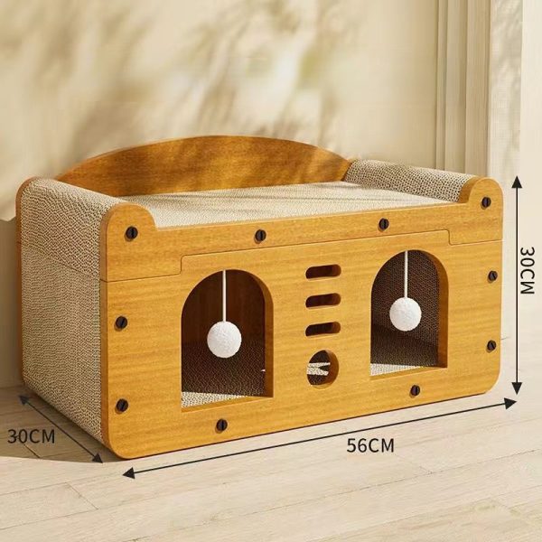 Kratzpappe für Katzen, Praktische Katzen-Spielstation mit Aktivitätsraum, Holz Katzenhaus und Spielball, Katzen bis 15kg – Bild 4