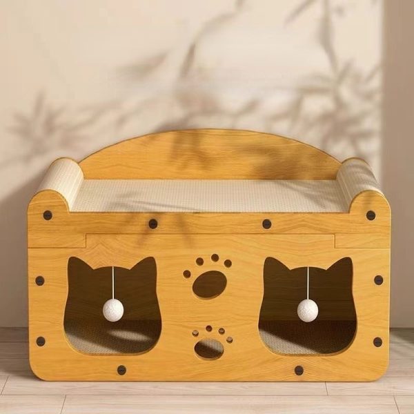 Kratzpappe für Katzen, Praktische Katzen-Spielstation mit Aktivitätsraum, Holz Katzenhaus und Spielball, Katzen bis 15kg – Bild 2