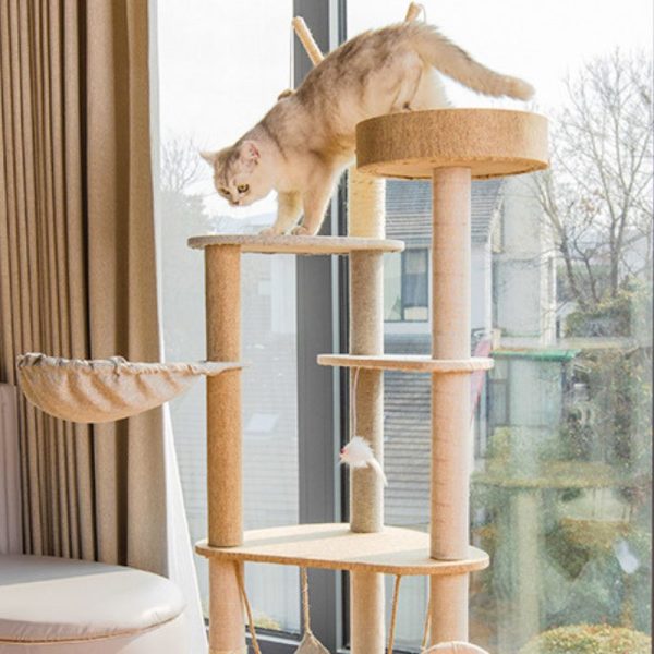 Katzenbaum für 2 Katzen, Katzenhaus und Kratzbaum in Einem, Großer Katzenbaum mit Spielzeugbällen, Beige – Bild 2