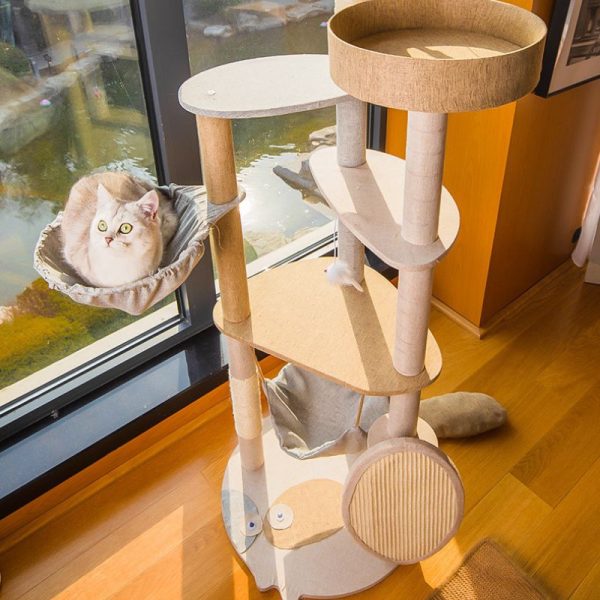 Katzenbaum für 2 Katzen, Katzenhaus und Kratzbaum in Einem, Großer Katzenbaum mit Spielzeugbällen, Beige – Bild 3