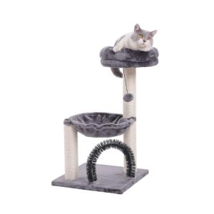 Kleine Katzenbaum, Cat Tree mit Kratzsäule und Bürstentunnel, Plüsch Katzenbett und Plüschball, platzsparend