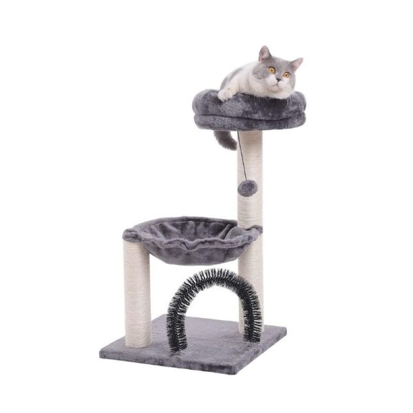 Kleine Katzenbaum, Cat Tree mit Kratzsäule und Bürstentunnel, Plüsch Katzenbett und Plüschball, platzsparend