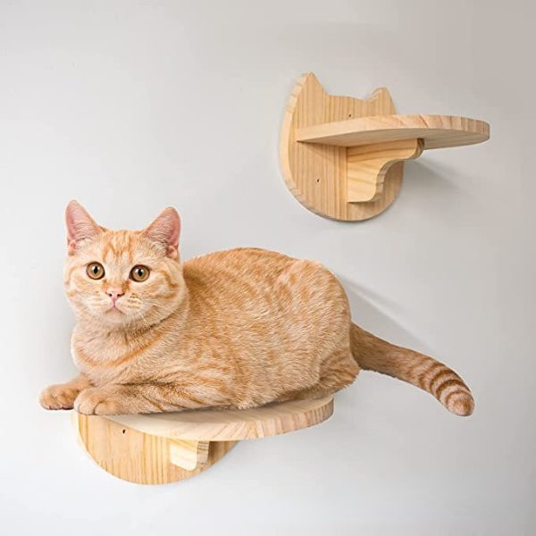 Wand Katzenbaum, Wandspielzeug für Katzen aus Holz, Stabiler Katzenplattform mit niedlichem Katzenmuster (1 Stück) – Bild 4