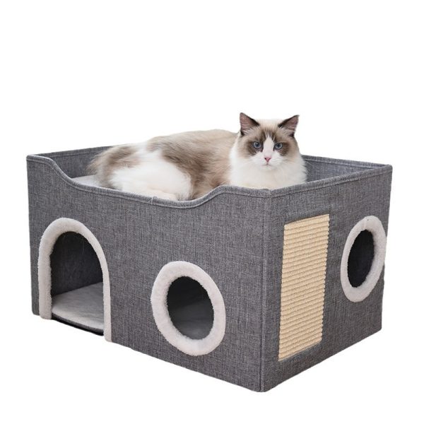 Katzenbett Flauschig mit Katzen Kratzbrett, Warm und Faltbar für Komfort & Bequemlichkeit, Doppelschichtige Katzenhöhlen