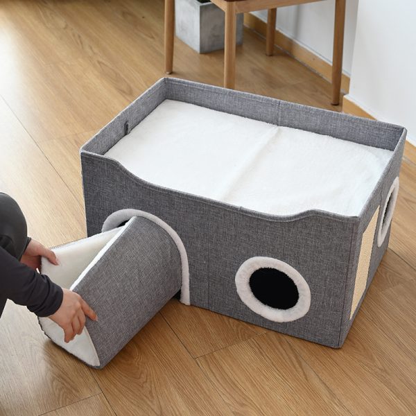 Katzenbett Flauschig mit Katzen Kratzbrett, Warm und Faltbar für Komfort & Bequemlichkeit, Doppelschichtige Katzenhöhlen – Bild 4