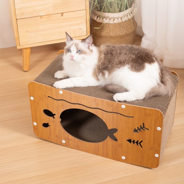 Katzenhöhle, Katzenbett,Katzenhaus mit Kratzbrett aus Wellpappe, ideal für Katzen bis 10 kg, für Spiel und Schlaf – Bild 2