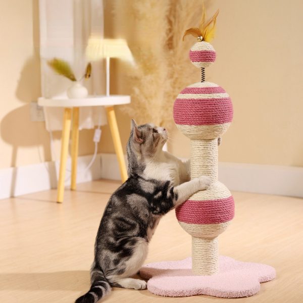 Katzenkratzbaum, Katzenkratzball mit  Glocke & Federn, Geeignet für Katzen aller Größen, Spaß Entspannung, 35x35x65 cm – Bild 5