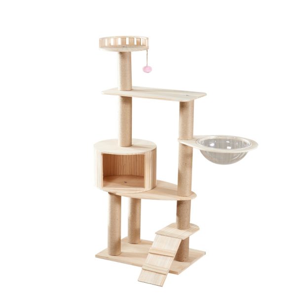 Katzenbaum Holz, Mehrstufiger Kratzbaum aus hochwertigem Holz,  gemütlichem Katzenhaus & -höhlen, für Spiel und Entspannung