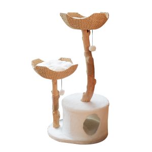 Katzenbaum Holz, Holz Katzenkratzbaum für Mehrkatzenhaushalte, mit doppeltem Rattan-Katzenbett & abnehmbaren Kissen