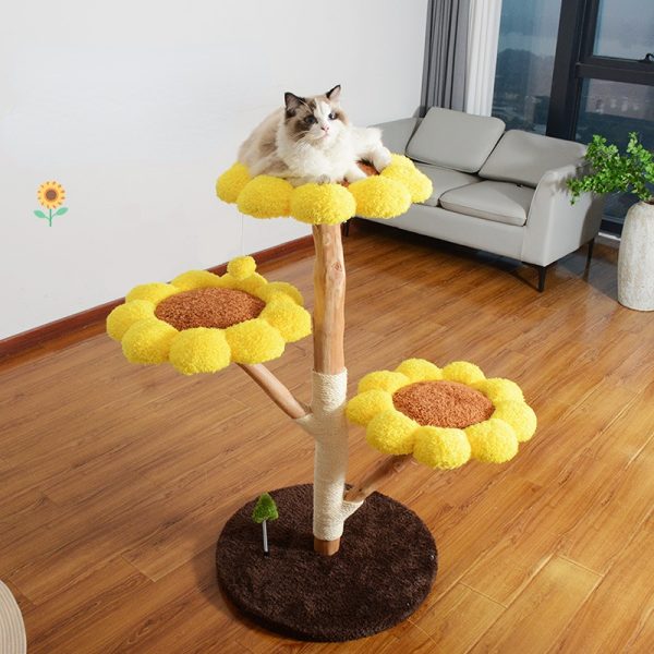 Katzenbaum grosse Katzen, Katzenbaum aus Holz, Plüsch Sonnenblumen-Katzenbett mit drei Ebenen, für mehrere Katzen – Bild 2