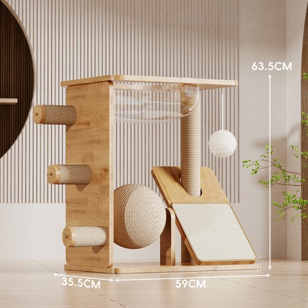 Katzenbaum Holz, Massivholz Katzenkratzbaum mit großem, rotierender Sisalball für Katzen & Elliptische Raumkapsel Für Katzen – Bild 2