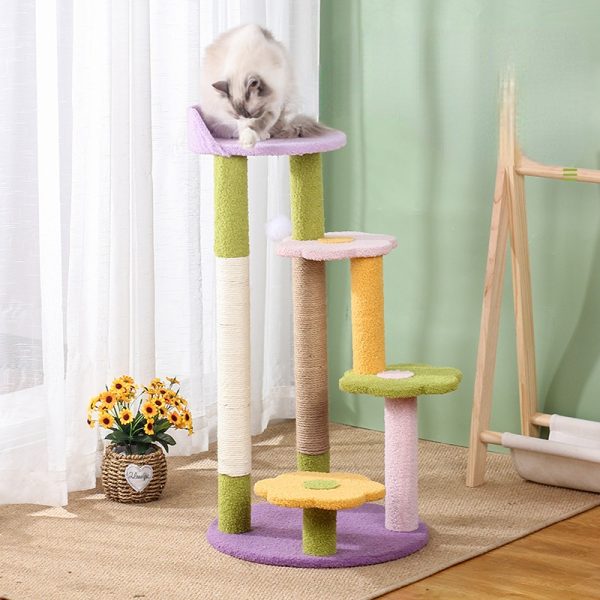 Katzenbaum Grosse Katzen, plattform in Blumenform, Dreilagiger Katzenbaum mit Plüsch Katzenball & Sisal-Kratzsäulen – Bild 3