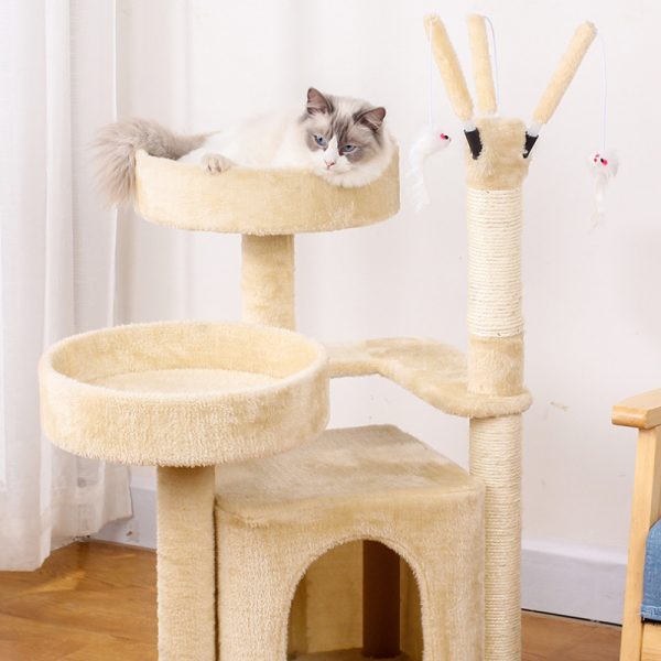 Katzenbaum groß, Beige Luxus Mehrschichtig Katzenkratzbaum mit zahlreichen Spielmöglichkeiten, für Spielen & Entspannen – Bild 5
