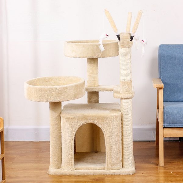 Katzenbaum groß, Beige Luxus Mehrschichtig Katzenkratzbaum mit zahlreichen Spielmöglichkeiten, für Spielen & Entspannen – Bild 2