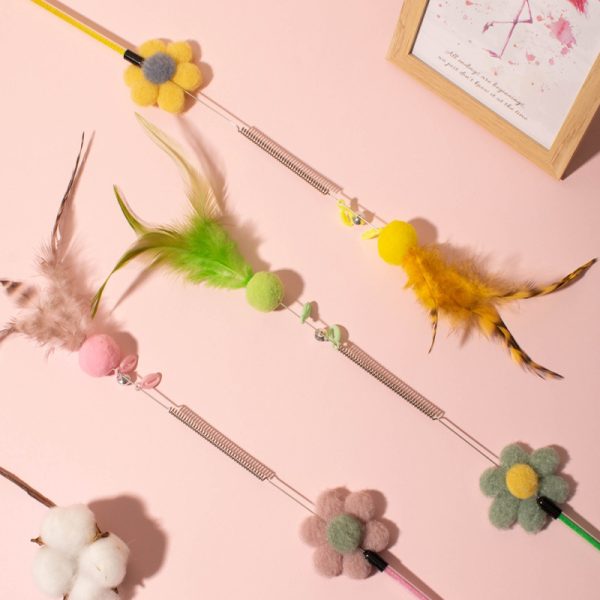Katze Spielzeug, Katzenangel mit Plüschball, Federn & Blumen-Deko, robust & langlebig, Blumen in Pink, Stabfarbe zufällig, 60cm lange (1 Stück) – Bild 6