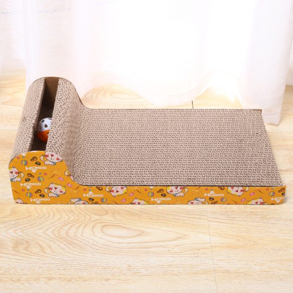 Kratzbrett Katze, Wellpappe Kratzmöbel mit Glocke für kratzfreudige Katzen, Zufälliges zweiseitiges Muster, 45x23x4 cm – Bild 2