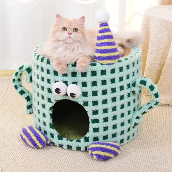 Katzenhöhle, Grün Monster-Design kratztonne & Sisal Kratzbrett, Multifunktionale Plüsch Katzenbett, für Zwei Katzen – Bild 2