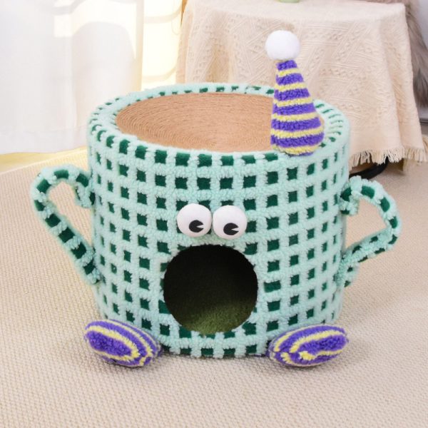 Katzenhöhle, Grün Monster-Design kratztonne & Sisal Kratzbrett, Multifunktionale Plüsch Katzenbett, für Zwei Katzen – Bild 3
