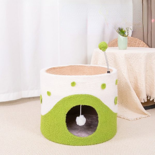 Kratztonne, Sisal Kratzbrett & Katzenhöhle mit Frühlings-Katzenangel und Fellball, Grün, Gelb und Pink, Katzen bis 12,5 kg – Bild 2