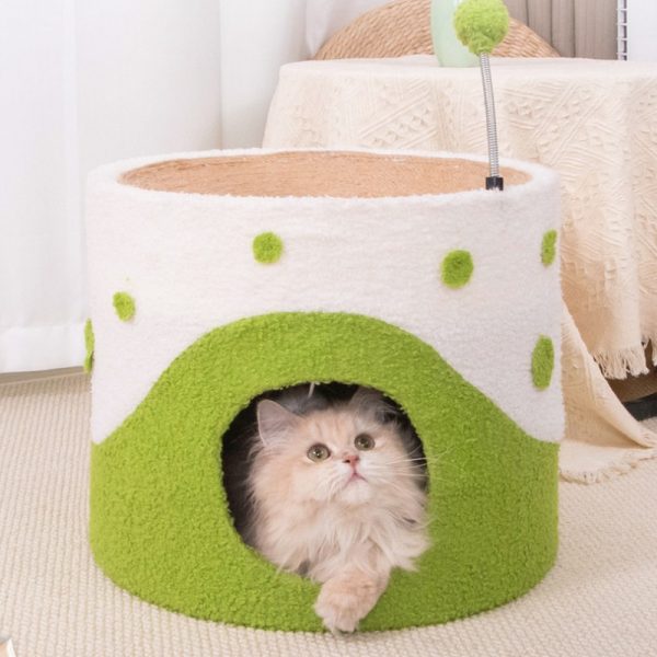 Kratztonne, Sisal Kratzbrett & Katzenhöhle mit Frühlings-Katzenangel und Fellball, Grün, Gelb und Pink, Katzen bis 12,5 kg – Bild 8