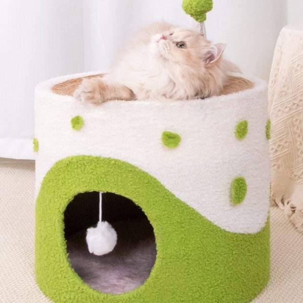 Kratztonne, Sisal Kratzbrett & Katzenhöhle mit Frühlings-Katzenangel und Fellball, Grün, Gelb und Pink, Katzen bis 12,5 kg – Bild 7