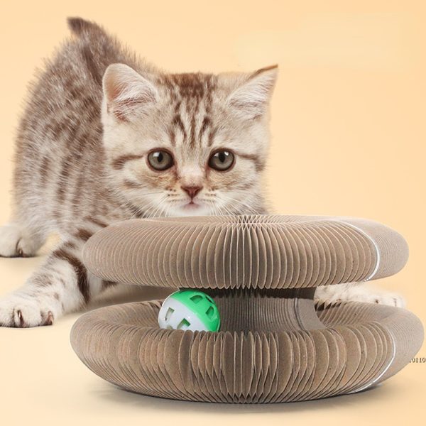 Katzen Kratzpappe, Interessant Faltbar Katzenkratzbrett, Umweltfreundliche Wellpappe mit Glockenball, für Entspannen & Spielen – Bild 3