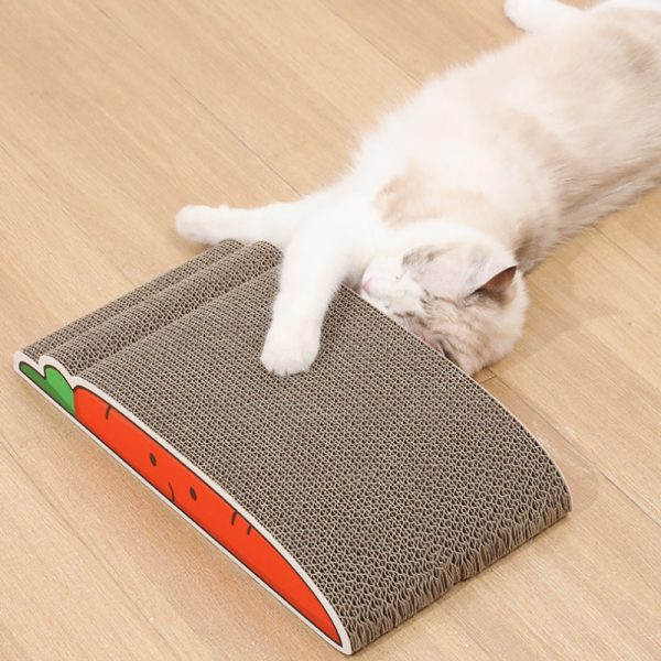 Kratzbrett Katze, Wellpappe-Kratzbrett für Katzen mit Karotten-, Bananen- & Lauchmotiven, für verspielte und schlafen – Bild 7