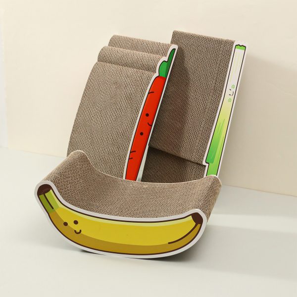 Kratzbrett Katze, Wellpappe-Kratzbrett für Katzen mit Karotten-, Bananen- & Lauchmotiven, für verspielte und schlafen – Bild 5