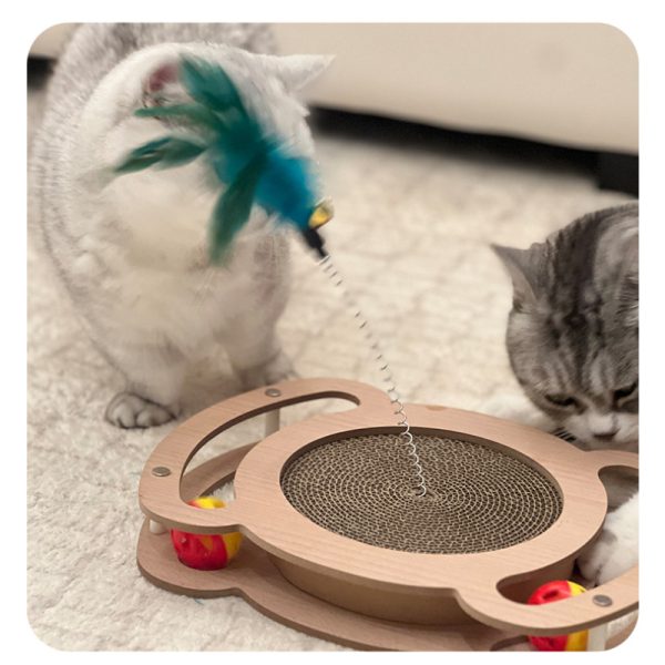 Kratzbrett für Katzen, Holz Katzenkratzbrett mit Wellenpapier, Spielzeugball & Katzenangel, Langlebig, Vielseitig Entspannen – Bild 5