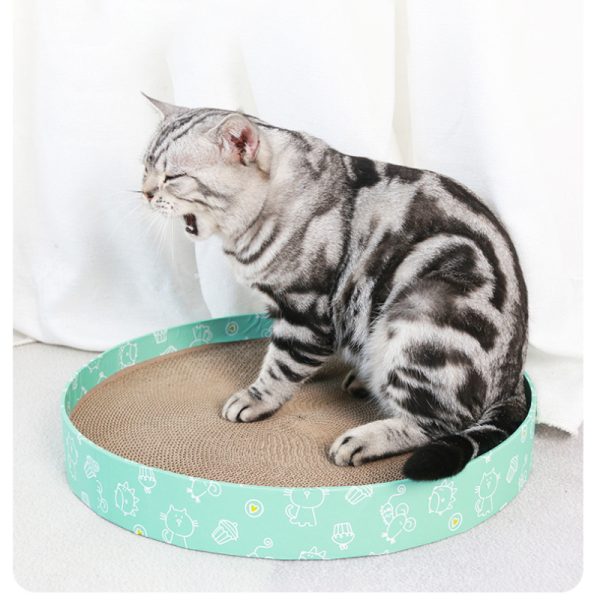 Katzenbett, Wellpappe Kratzbrett, Grüner Cartoon-Muster Rundform, 36 cm Durchmesser,  Kratz- & Ruheplatz für Katzen unter 4 kg – Bild 4