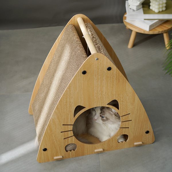 Katzenhöhle, Holz Dreieckige Katzenbett mit Wellpappe Kratzbrett & Katzenball, zum Kratzen und Unterhaltung, 45x28x45 cm – Bild 2