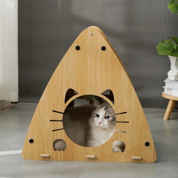 Katzenhöhle, Holz Dreieckige Katzenbett mit Wellpappe Kratzbrett & Katzenball, zum Kratzen und Unterhaltung, 45x28x45 cm – Bild 7