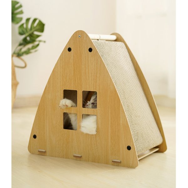 Katzenhöhle, Holz Dreieckige Katzenbett mit Wellpappe Kratzbrett & Katzenball, zum Kratzen und Unterhaltung, 45x28x45 cm – Bild 4