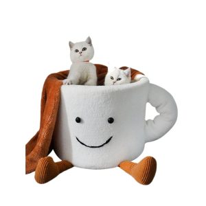 Katzenbett, Cartoon Kaffeebecher aus Korallenvlies & Schwamm-Füllung, Warmer und angenehmer Schlaf für Katzen, 35x35x30 cm