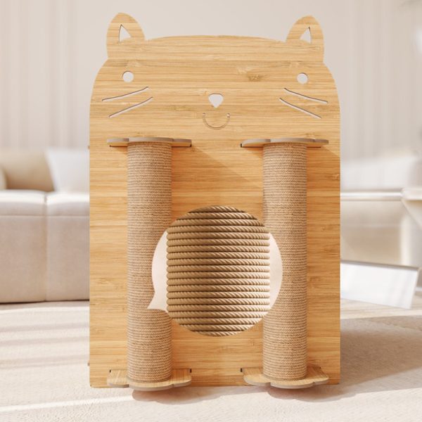 Kratzbrett Katzenform, Holzfarbenes Katzenhöhle mit Wellpappe Kratzbrett & Sisal-Säule, Wohlfühlplatz und Kratzen für Ihre Katze – Bild 3