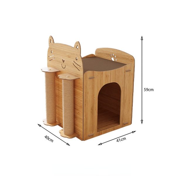 Kratzbrett Katzenform, Holzfarbenes Katzenhöhle mit Wellpappe Kratzbrett & Sisal-Säule, Wohlfühlplatz und Kratzen für Ihre Katze – Bild 2