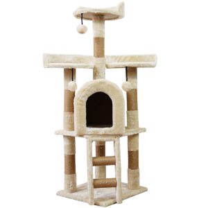 Katzenbaum groß, Beige Luxus kratzbaum für Mehr Katzen, mit 3 Haarballen & Katzenhaus aus weichem Plüsch, Katze ruht