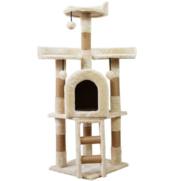 Katzenbaum groß, Beige Luxus kratzbaum für Mehr Katzen, mit 3 Haarballen & Katzenhaus aus weichem Plüsch, Katze ruht