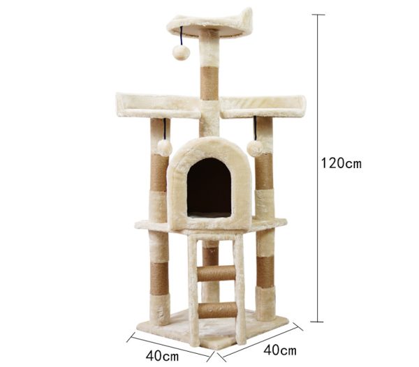 Katzenbaum groß, Beige Luxus kratzbaum für Mehr Katzen, mit 3 Haarballen & Katzenhaus aus weichem Plüsch, Katze ruht – Bild 2