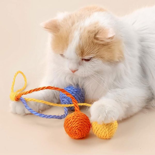 Katzen Spielzeug, Hängendes Katzenball, 3 bunten Hanfseilball, Eingebauter Klangstein, Selbstspiel- Interessante – Bild 6