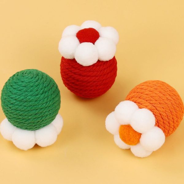 Spielzeug Katzen, Katzenspielzeug Ball aus Plüsch und Baumwollseil in Blumenform, Erhältlich in Grün, Orange und Rot für verspielte Katzen – Bild 4