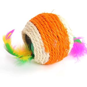 Spielzeug Katze, Sisal Katzenball mit Federn,Durchmesser 7 cm, interaktives Katzenspielzeug für drinnen Katzen, Farbe zufällig