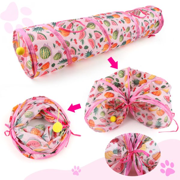 Katzentunnel mit Sommerfrucht-Druckmuster, faltbar, Hängender Plüsch-Katzenball, Rosa Serie, 3 Stile für aktive Katzen – Bild 5