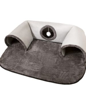 Katzentunnel, Grau U-Form Katzenbett mit 3 runder Öffnung & Hängender Katzenball, abnehmbar, waschbar, groß und klein