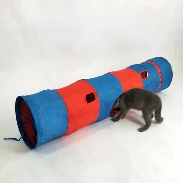 Katzentunnel, Rot Orange & blaue Streifen Katzenspielzeug aus Polyester, Runde Öffnung, faltbar, ideal für verspielte Katzen – Bild 2