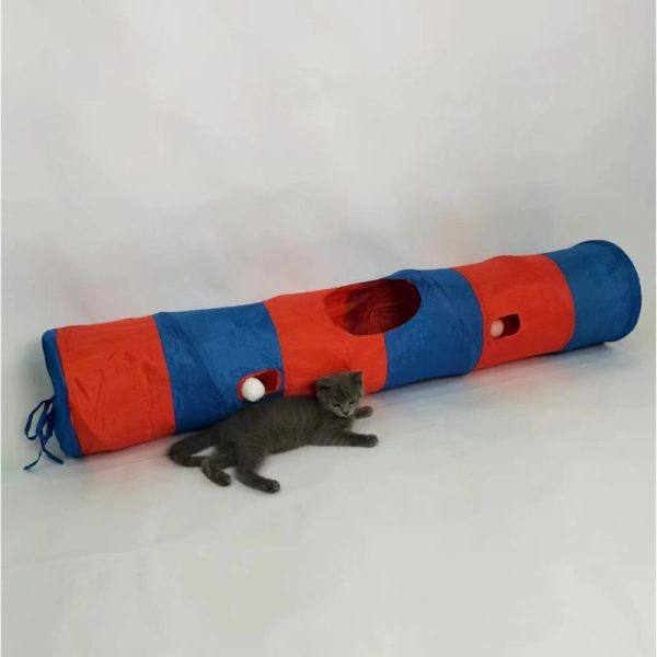 Katzentunnel, Rot Orange & blaue Streifen Katzenspielzeug aus Polyester, Runde Öffnung, faltbar, ideal für verspielte Katzen – Bild 3