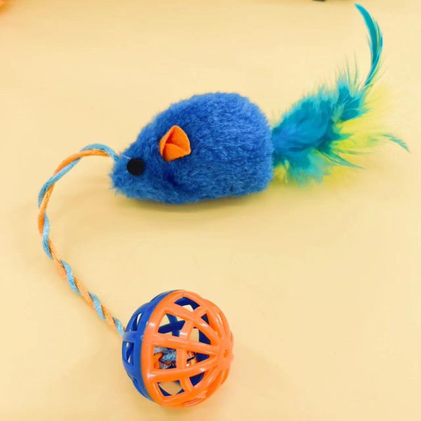 Katze Kuscheltier, PlüschFeder-Maus, Nagen Spielzeug für Katzen mit Hohlglockenkugel, zwei Farben: Orange & Blau – Bild 2