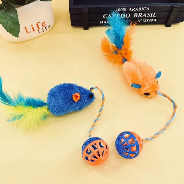 Katze Kuscheltier, PlüschFeder-Maus, Nagen Spielzeug für Katzen mit Hohlglockenkugel, zwei Farben: Orange & Blau – Bild 5